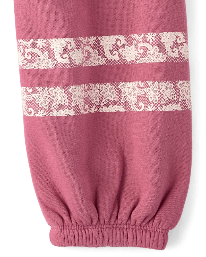 Girls Faux Lace Premium Fleece Baggy Jogger Pants