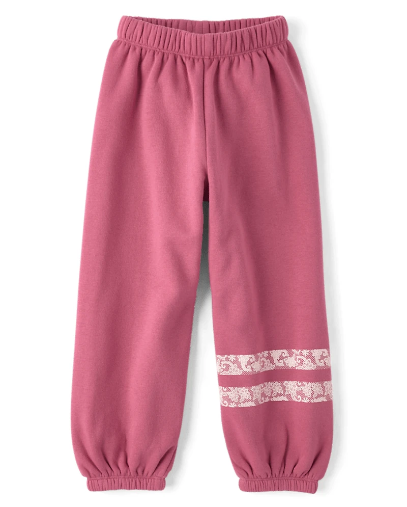 Girls Faux Lace Premium Fleece Baggy Jogger Pants