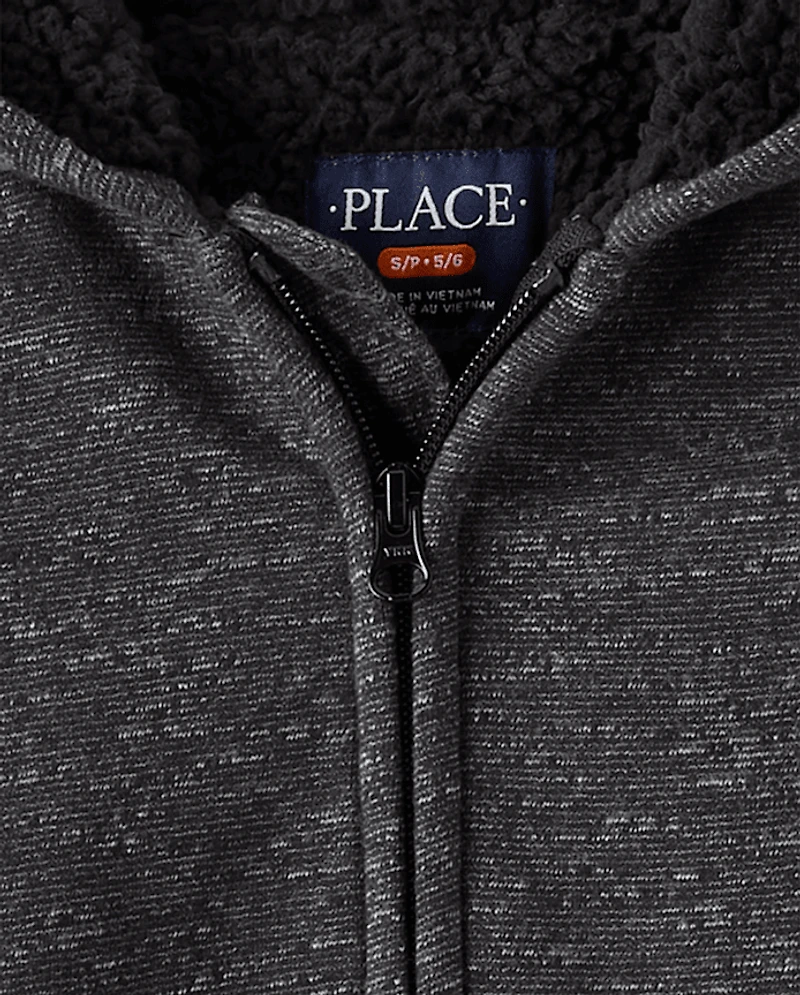 Sweat à capuche zippé en polaire chinée doublé sherpa pour garçon