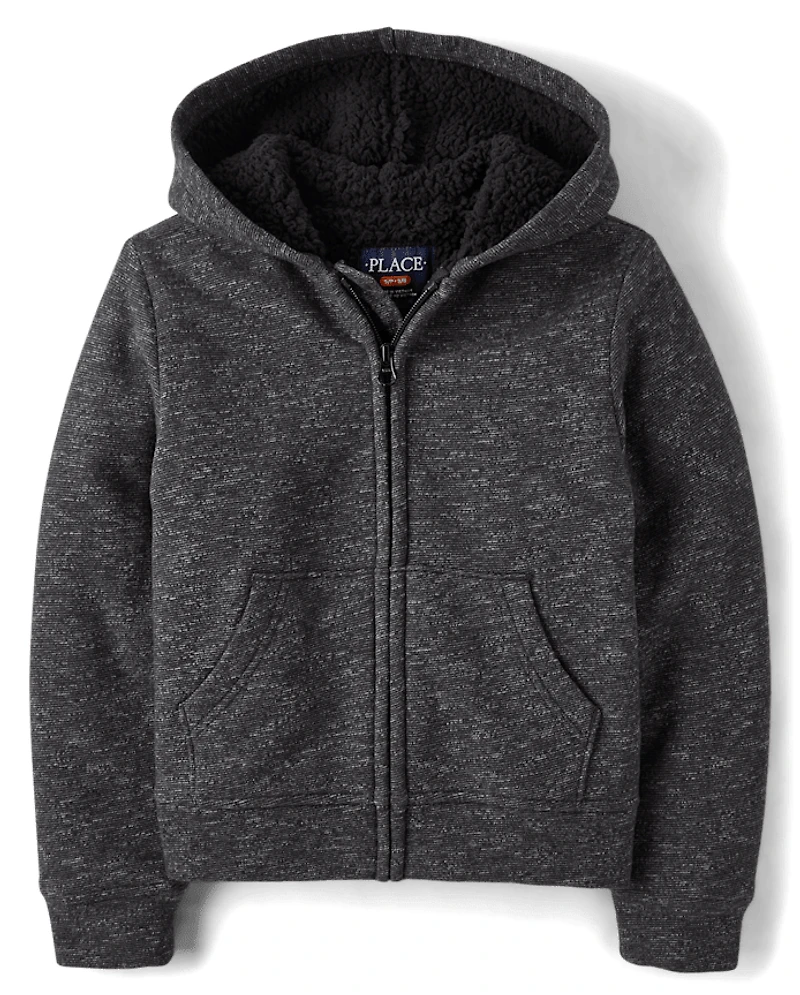 Boys Marled Fleece Sherpa-Lined Zip Up Hoodie