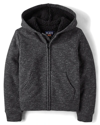 Boys Marled Fleece Sherpa-Lined Zip Up Hoodie