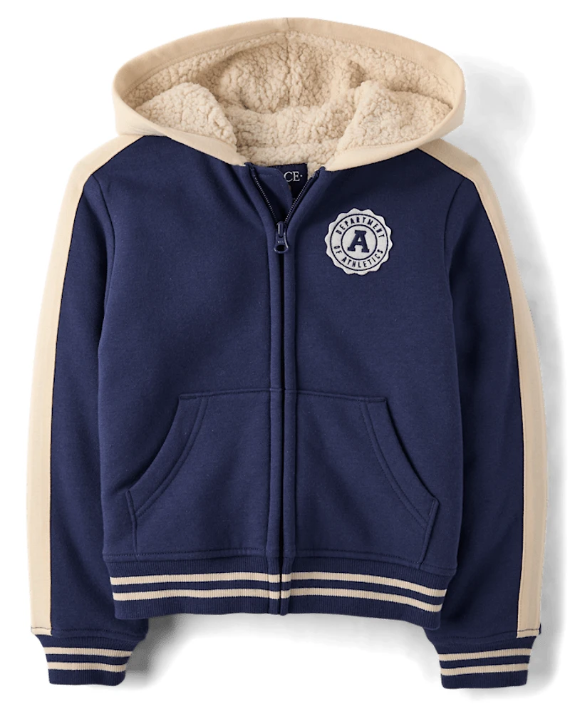 Boys Embroidered Varsity Premium Fleece Sherpa Lined Zip Up Hoodie