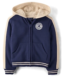 Boys Embroidered Varsity Premium Fleece Sherpa Lined Zip Up Hoodie