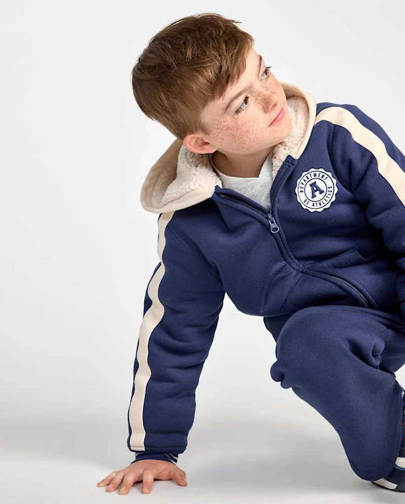 Boys Embroidered Varsity Premium Fleece Sherpa Lined Zip Up Hoodie