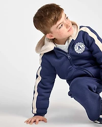 Boys Embroidered Varsity Premium Fleece Sherpa Lined Zip Up Hoodie