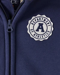 Boys Embroidered Varsity Premium Fleece Sherpa Lined Zip Up Hoodie