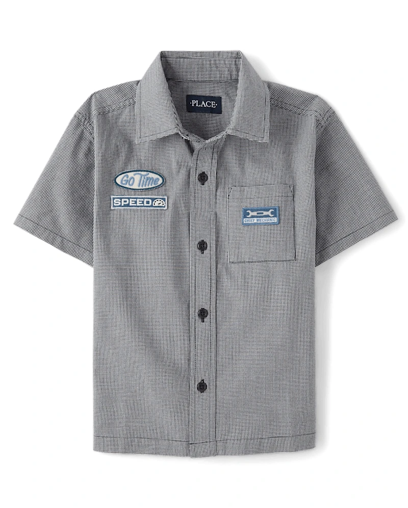 Boys Embroidered Mechanic Patch Poplin Button Up Shirt