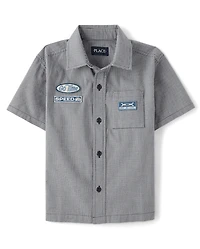 Boys Embroidered Mechanic Patch Poplin Button Up Shirt