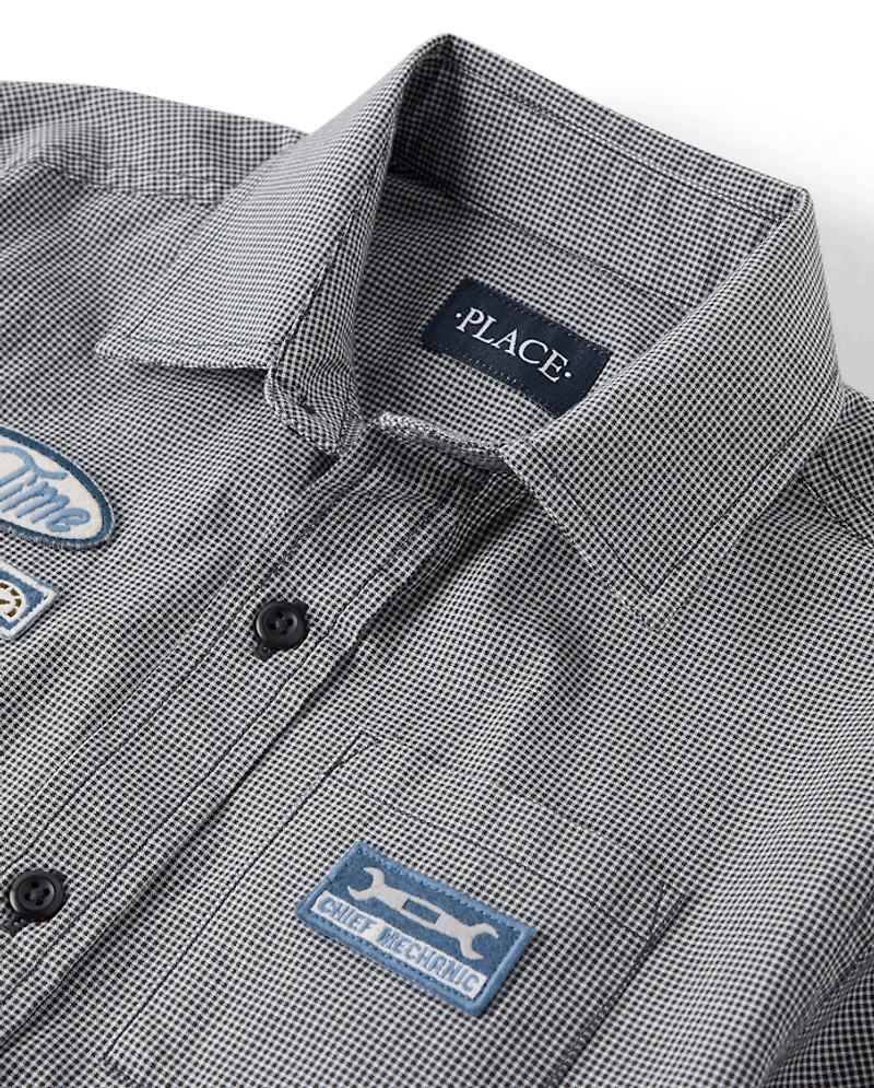 Boys Embroidered Mechanic Patch Poplin Button Up Shirt