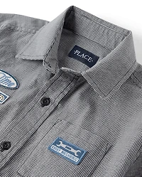 Boys Embroidered Mechanic Patch Poplin Button Up Shirt