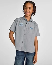 Boys Embroidered Mechanic Patch Poplin Button Up Shirt