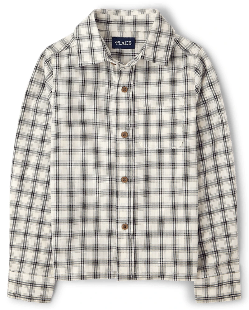 Boys Plaid Textured Poplin Button Up Shirt
