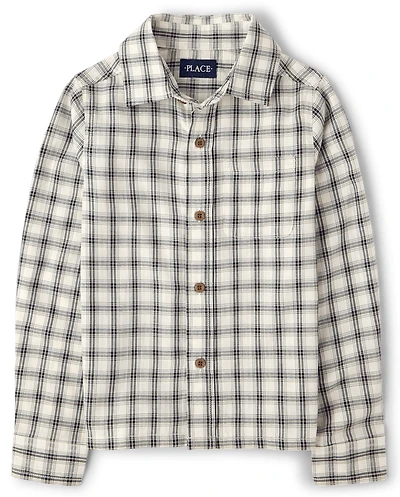 Boys Plaid Textured Poplin Button Up Shirt