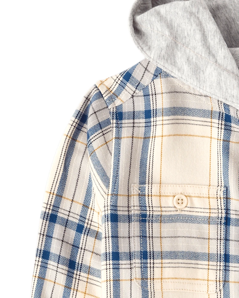 Boys Plaid Flannel Hooded Button Up Shirt