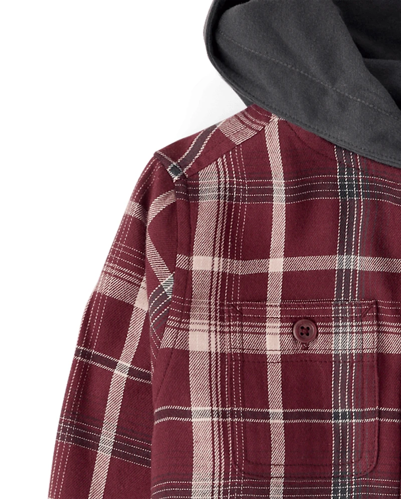 Boys Plaid Flannel Hooded Button Up Shirt