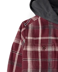 Boys Plaid Flannel Hooded Button Up Shirt