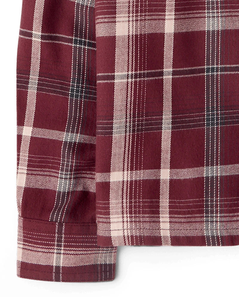 Boys Plaid Flannel Hooded Button Up Shirt
