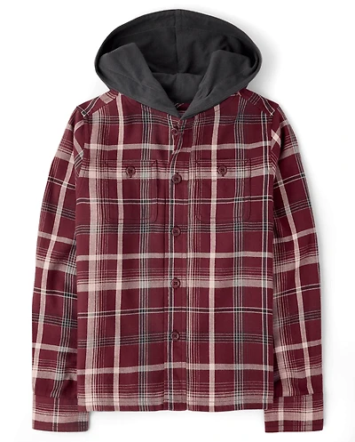 Boys Plaid Flannel Hooded Button Up Shirt