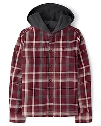 Boys Plaid Flannel Hooded Button Up Shirt