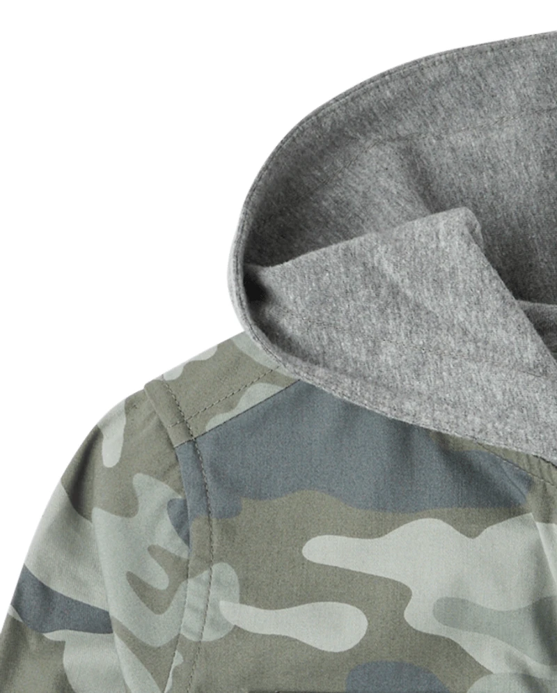 Boys Camo Hooded Button Up Shirt