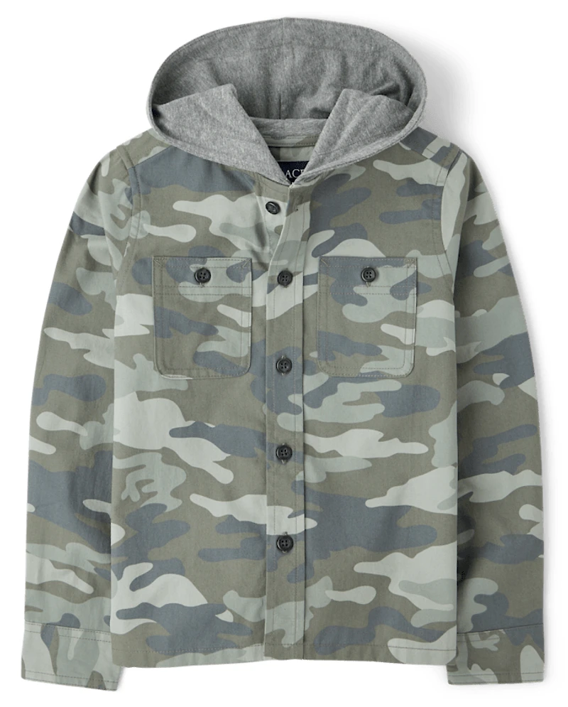 Boys Camo Hooded Button Up Shirt