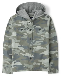 Boys Camo Hooded Button Up Shirt