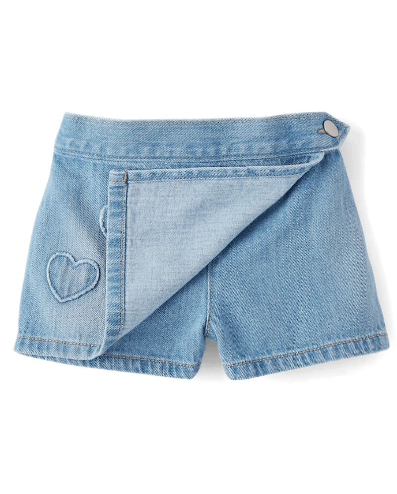 Toddler Girls Embroidered Heart Faux Wrap Denim Skort