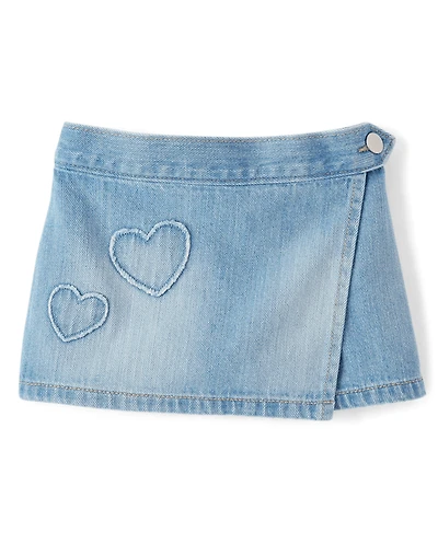 Toddler Girls Embroidered Heart Faux Wrap Denim Skort