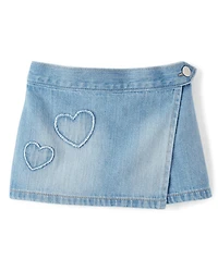 Toddler Girls Embroidered Heart Faux Wrap Denim Skort