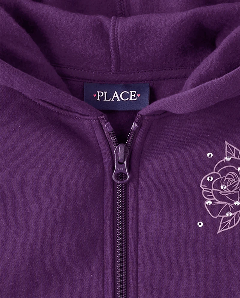 Girls Studded Rose Premium Fleece Zip Up Hoodie