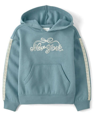 Girls Puff Print Lace Stripe Premium Fleece Hoodie