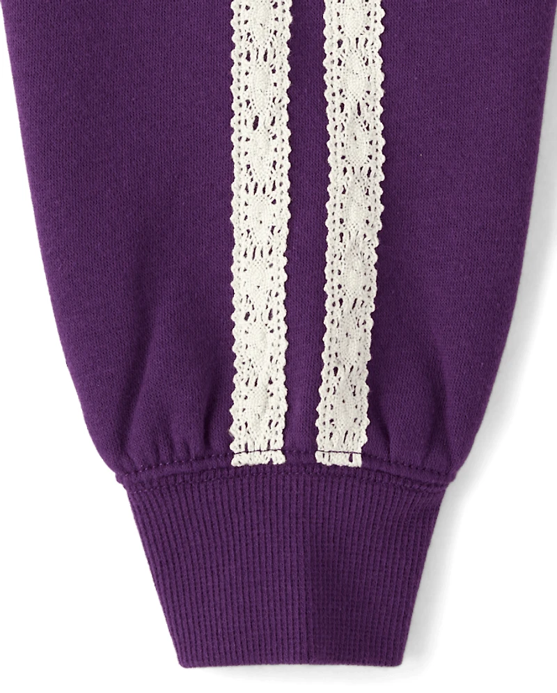 Girls Puff Print Lace Stripe Premium Fleece Hoodie