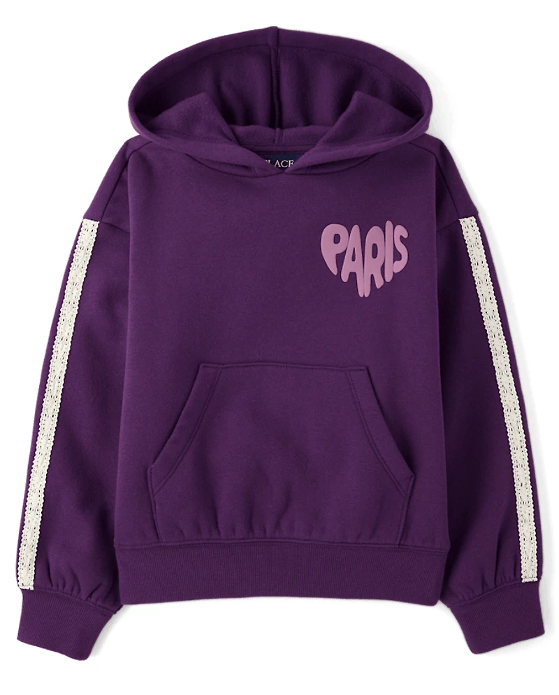 Girls Puff Print Lace Stripe Premium Fleece Hoodie