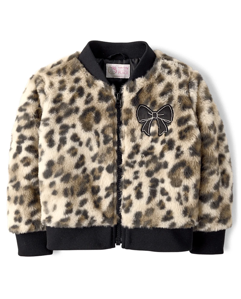 Toddler Girls Hello Kitty® Leopard Embroidered Faux Fur Bomber Jacket