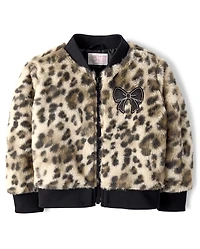 Toddler Girls Hello Kitty® Leopard Embroidered Faux Fur Bomber Jacket