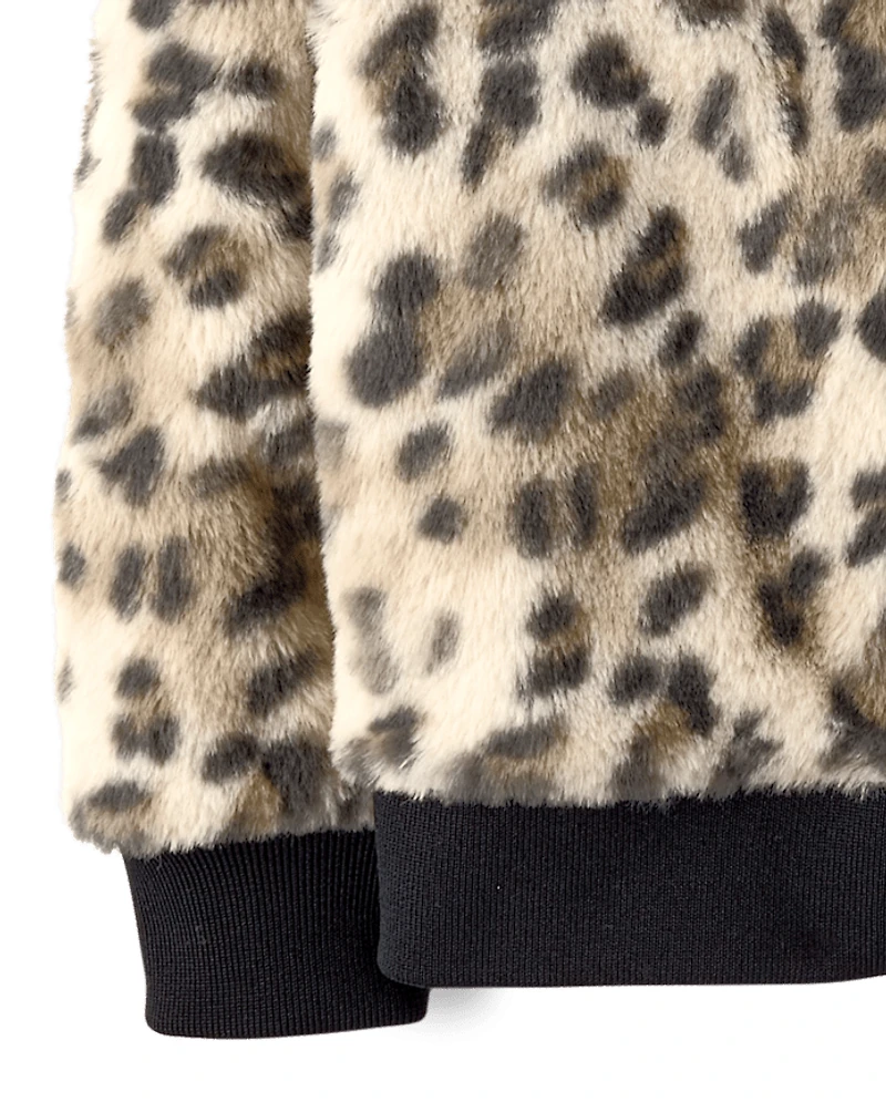 Toddler Girls Hello Kitty® Leopard Embroidered Faux Fur Bomber Jacket