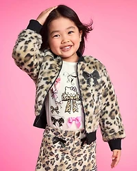 Toddler Girls Hello Kitty® Leopard Embroidered Faux Fur Bomber Jacket