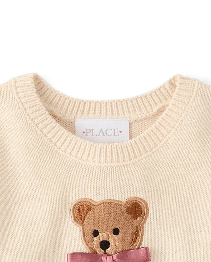 Toddler Girls Embroidered Bear Sweater