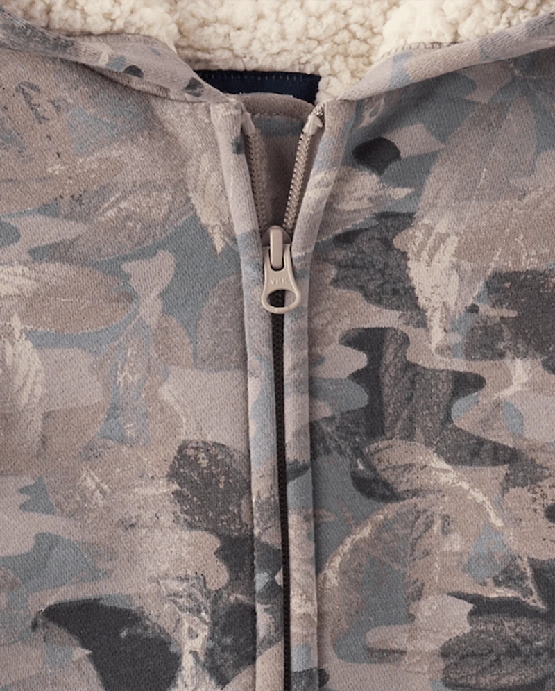 Sweat à capuche zippé en polaire premium camouflage pour garçon, doublé sherpa.