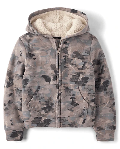 Boys Camo Premium Fleece Sherpa Lined Zip Up Hoodie