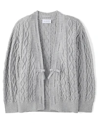 Girls Laced Bow Cable Knit Cardigan