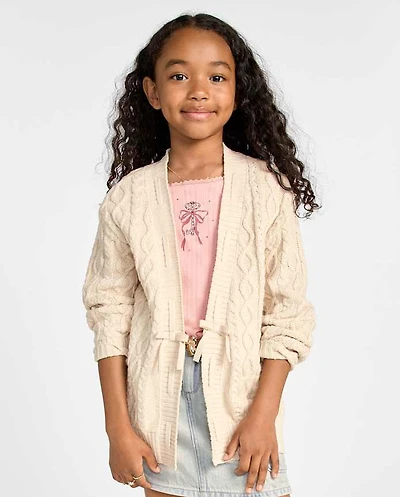 Girls Lace Up Bow Cable Knit Cardigan