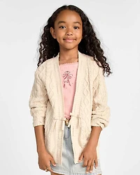 Girls Lace Up Bow Cable Knit Cardigan