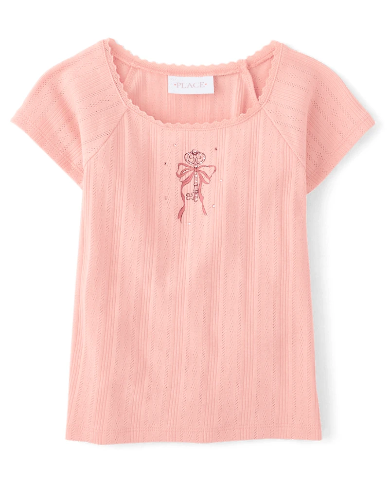 Girls Rhinestone Graphic Pointelle Top