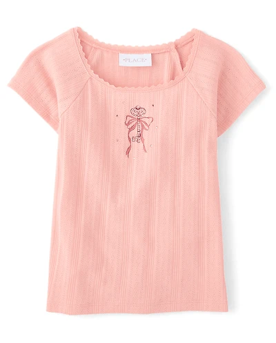 Girls Rhinestone Graphic Pointelle Top