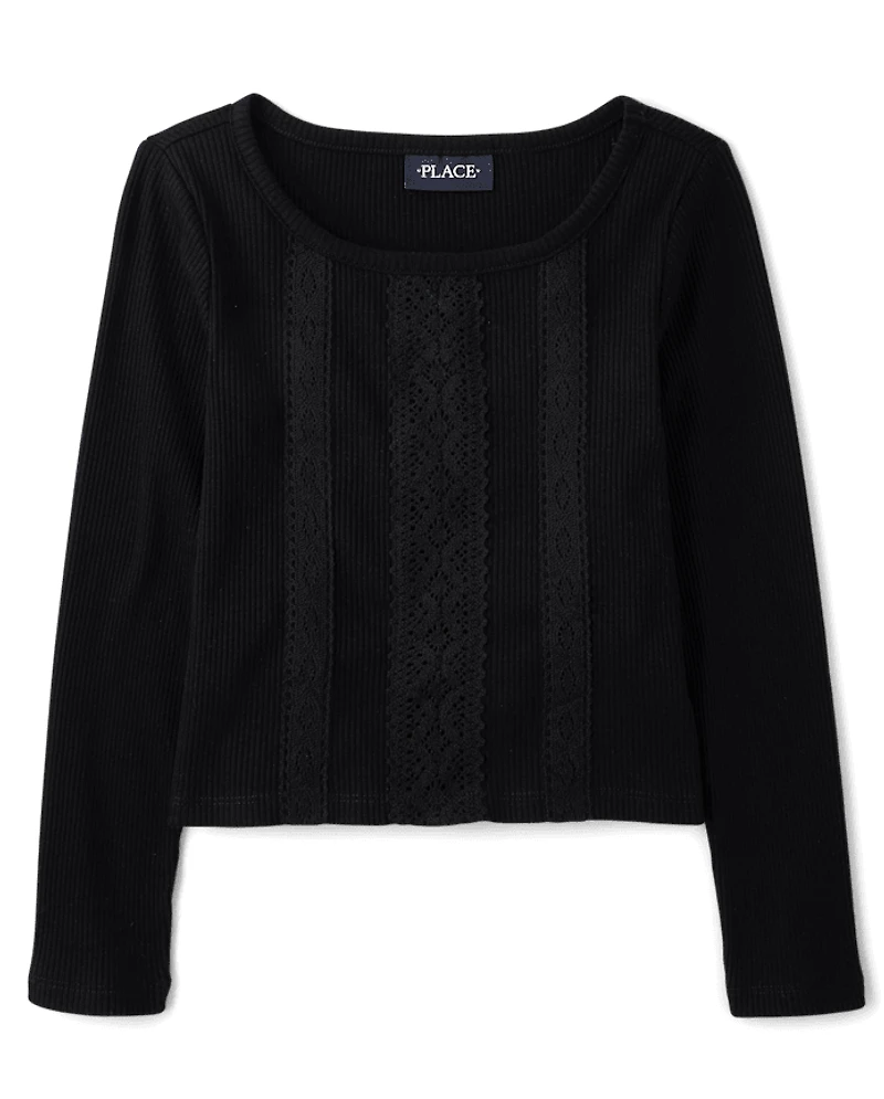 Girls Crochet Lace Trim Ribbed Top