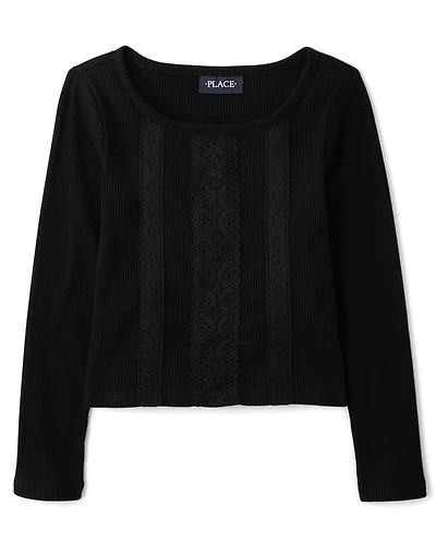 Girls Crochet Lace Trim Ribbed Top