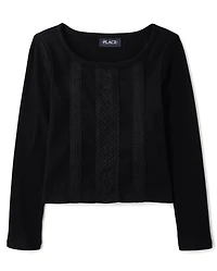 Girls Crochet Lace Trim Ribbed Top