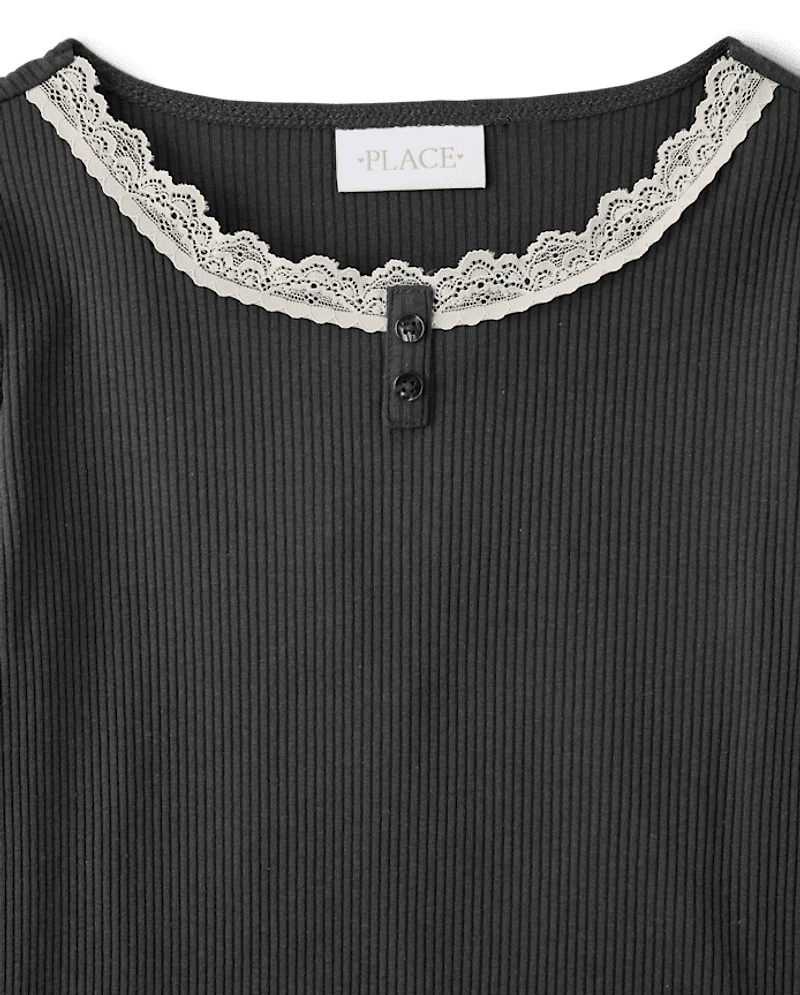 Girls Lace Neck Ribbed Henley Top