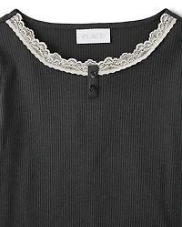 Girls Lace Neck Ribbed Henley Top